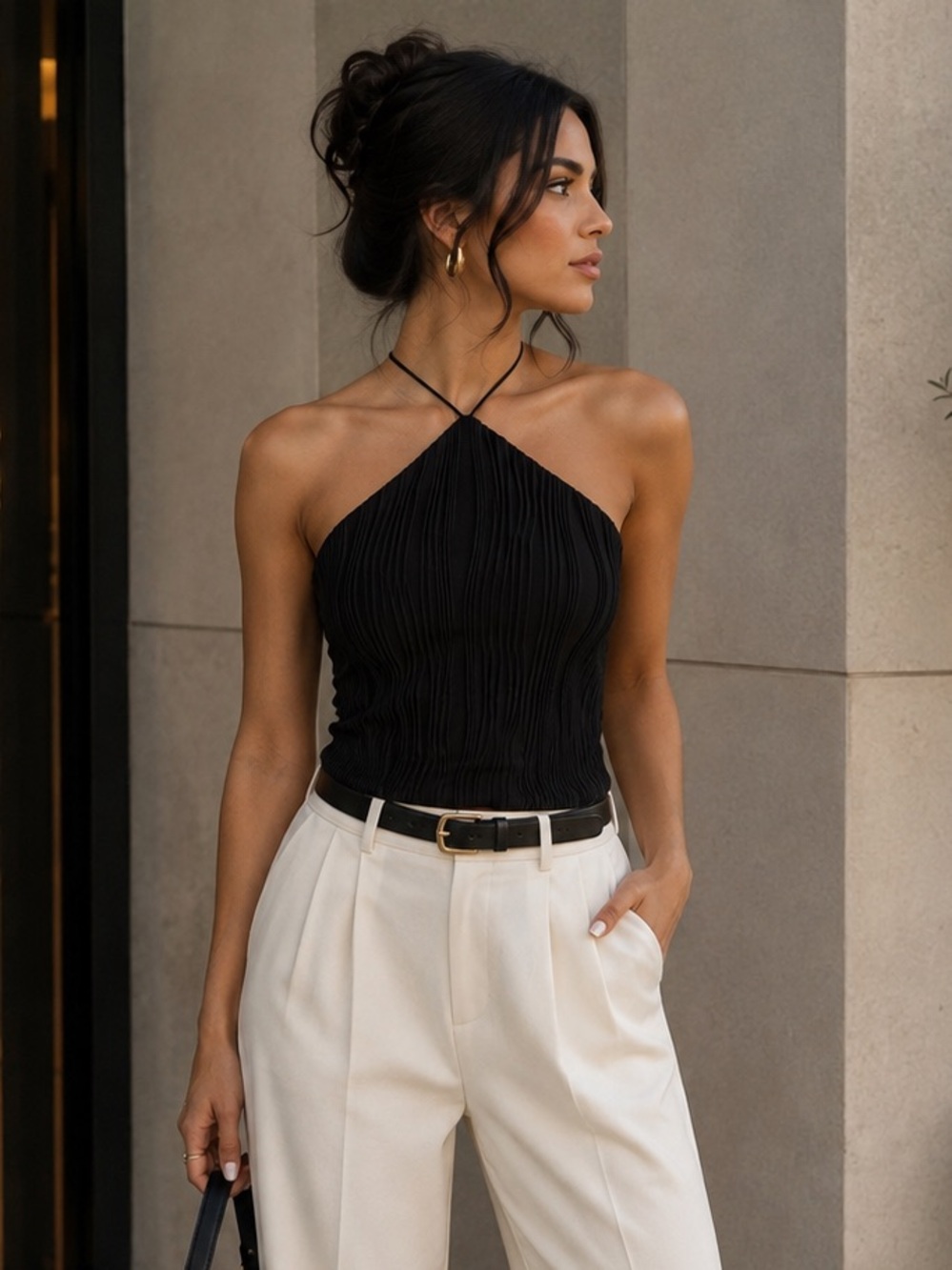 Sleeveless Halter Pleated Top in Black